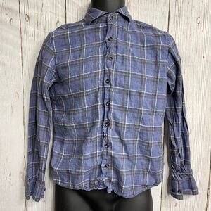Singer Sargent Linen Shirt Men Size S Blue Plaid Button Up Long Sleeve Preppy